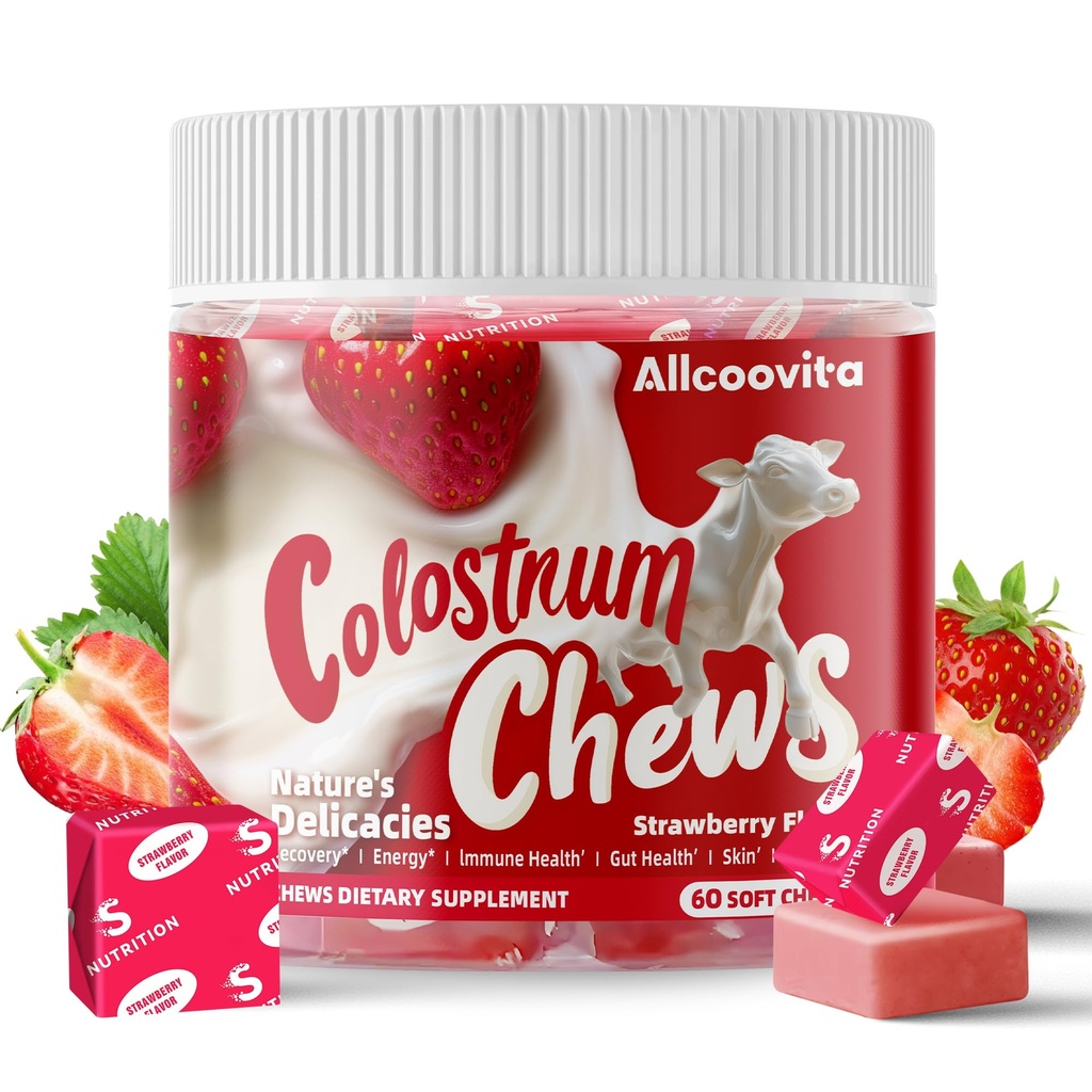 Bovine Colostrum Chews Supplement with progrants for Gut Health, Bloating, Immune Dupport, Skin, Hair Growth and Beauty - Strawberry Flavor (60 Servings)