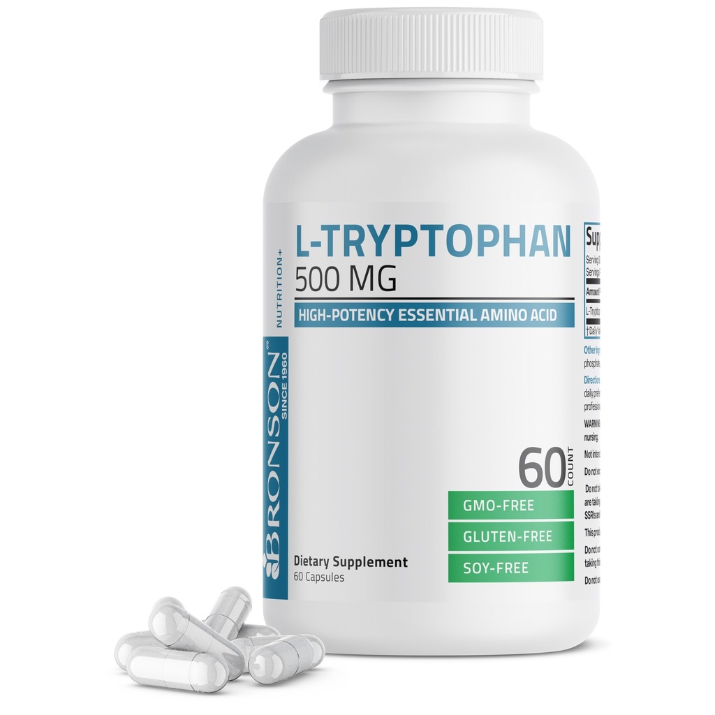 Bronson L- Tryptophan 500 MG High Potency Esquest Amino Acid Relaxation & Positive Mood Dukung N- GMO, 60 Capsules