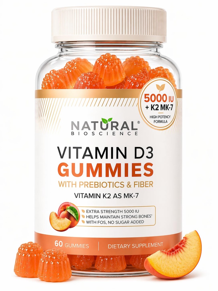 Sugar Free Vitamin D3 K2 Gummies - Vitamin D3 Gummies 5000 IU + K2 MK7 80 mcg, K2 D3 Vitamin Pertumbuhan, Vitamin D K2 untuk Bones, Imune, Heart, Mood, Bebas Glten- Free, Nun-GMO, Natural Peach Flavor