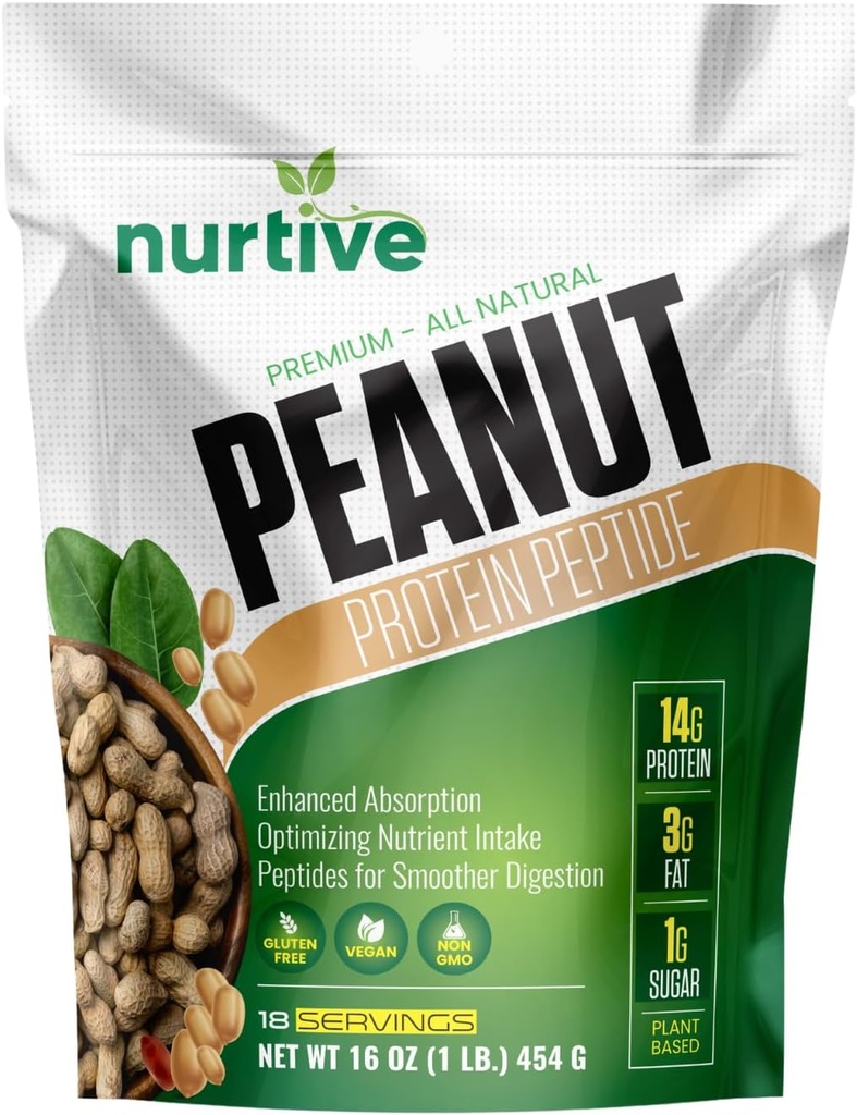 Peanut Protin Peptide Powder - Plant - Based, Rich in Nutrients & Fiber - Ideal for Athletes & Fitness Endests - Enhanced Solubility and Absorpsi - 18 Servings (16 oz / 454 g)