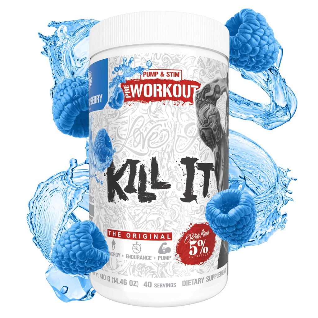 5% Nutrition Rich Piana Kill It Pre Workout Powder w / Creatine, Caffeine, Beta Alanine, Hydroprime Glycerol untuk Pompa, Kekuatan, Endurance 124; 20 / 40 Srvgs (40 Servgs, Blue Raspberry)