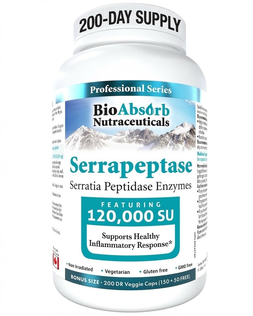 Bio Absorb Serrapeptase Enzyme, High Potency 120000 Units (SPU), 200- Day Supply, Delayed Rilis Vegetarian Capsules (DRcaps) for Maximum Absorpsi