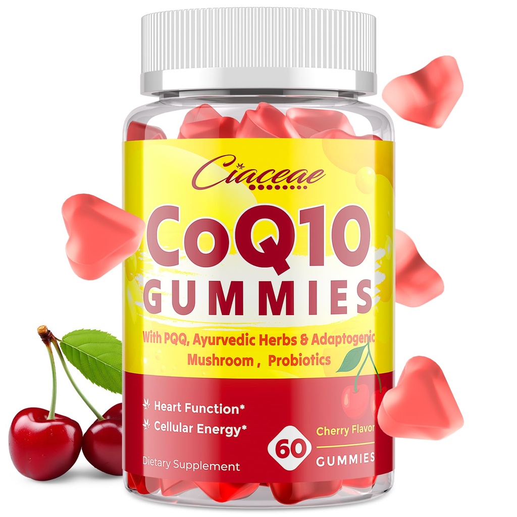 CoQ10 Gummies dengan PQQ - 400 MG Coenzim Q10 High Potency, Enhanced with Ayurvedic Herbs, Adaptogenic Mushroom Blend & Prograce for Heart, Brain, Energy, Imunity, Cherry Flavor, 60 Vegan Gummies