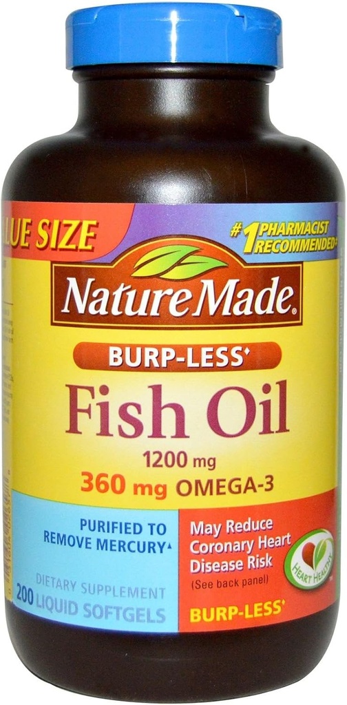 Nature Made Burp- Kurang Minyak Ikan 1200mg, 360mg Omega- 3, Liquid Softgels 200 ea (Paket 2)