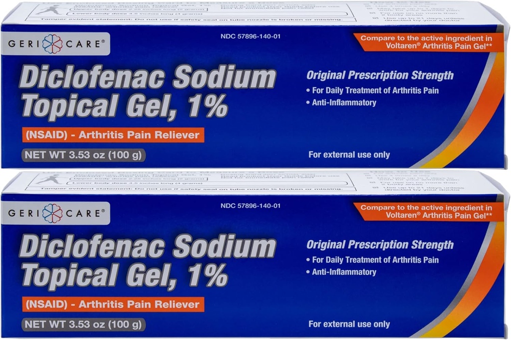 GeriCare Topical Arthritis Relief Gel Diclofenac Sodium 1% (NSAID) Kaki Elbow Tangan Ankle Knee Luar Layak - Anti- inflamasi Arthritis Pengobatan Rasa Sakit, 3.53oz (2 Pack)
