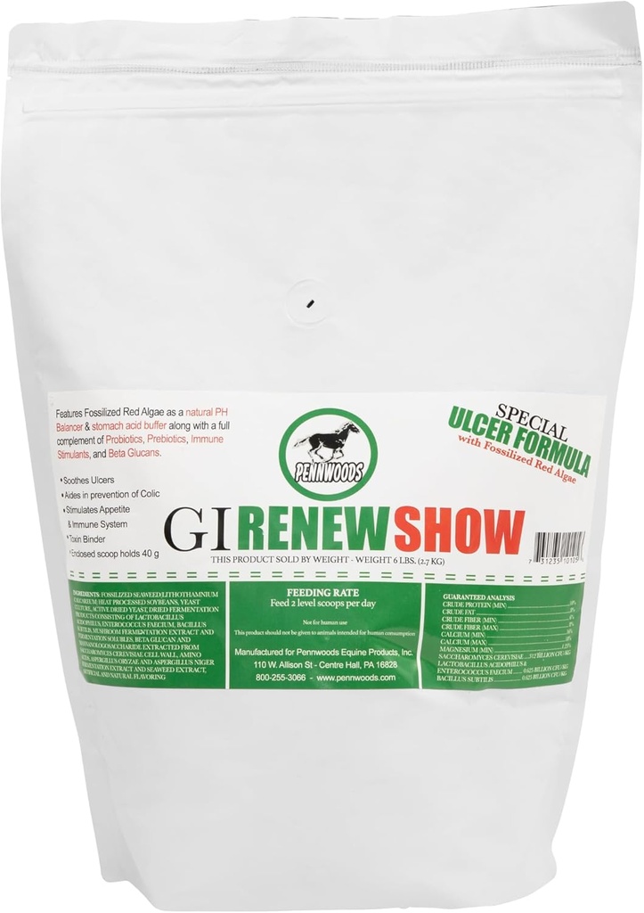 Penwoods GI Renew Show, Progories for Equine, Ammune and Appetite Stimulasi, Pregities, Digetical Enzymes 124; Tambahan Kuda Menyediakan Bantuan Ulcer Relief dan Perlakuan, Organik Toxin Binder, 6 LB Bag