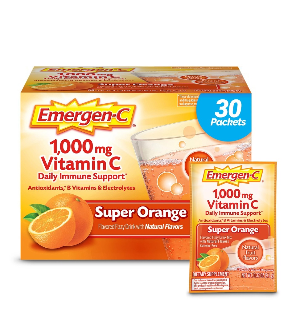 Emergen- C 100mg Vitamin C Powder untuk Daily Imune Dukungan Caffeine Free Vitamin C Suplemen dengan Zinc dan Manganese, B Vitamin dan Electrolites, Super Orange Flavor - 30 Count