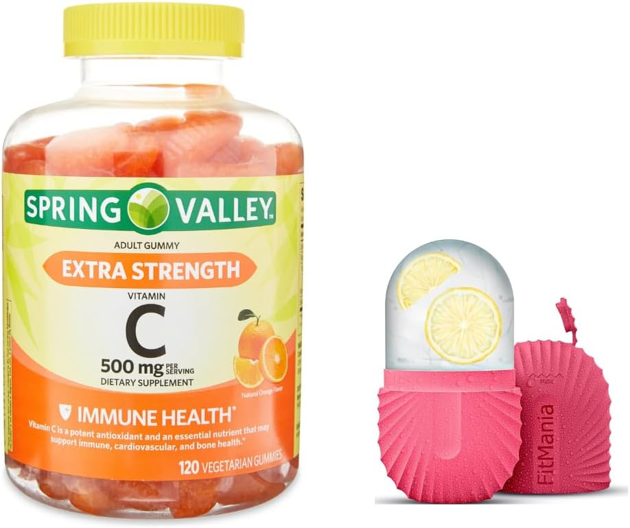 Spring Valley Extra Power Vitamin C Dietary Supplemen Gummies Vegetarian, Orange, 500 mg, 120 Ct dan Hadiah Ice Roller untuk Wajah