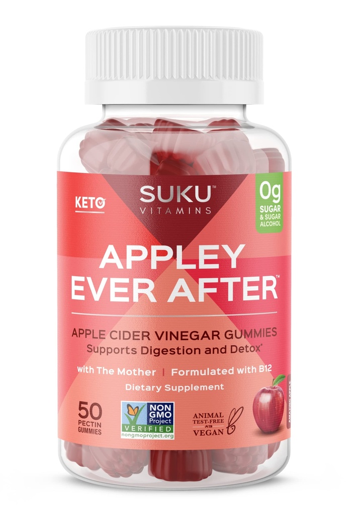 Appley SUKU Setelah Gummies - Apple Cider Vinegar dengan Methylated B12 & Folate - Sugar- Free, Gluten- Free, Vegan Detox & Energy Dukungan - Amazing Apple Flavor - 50 Count