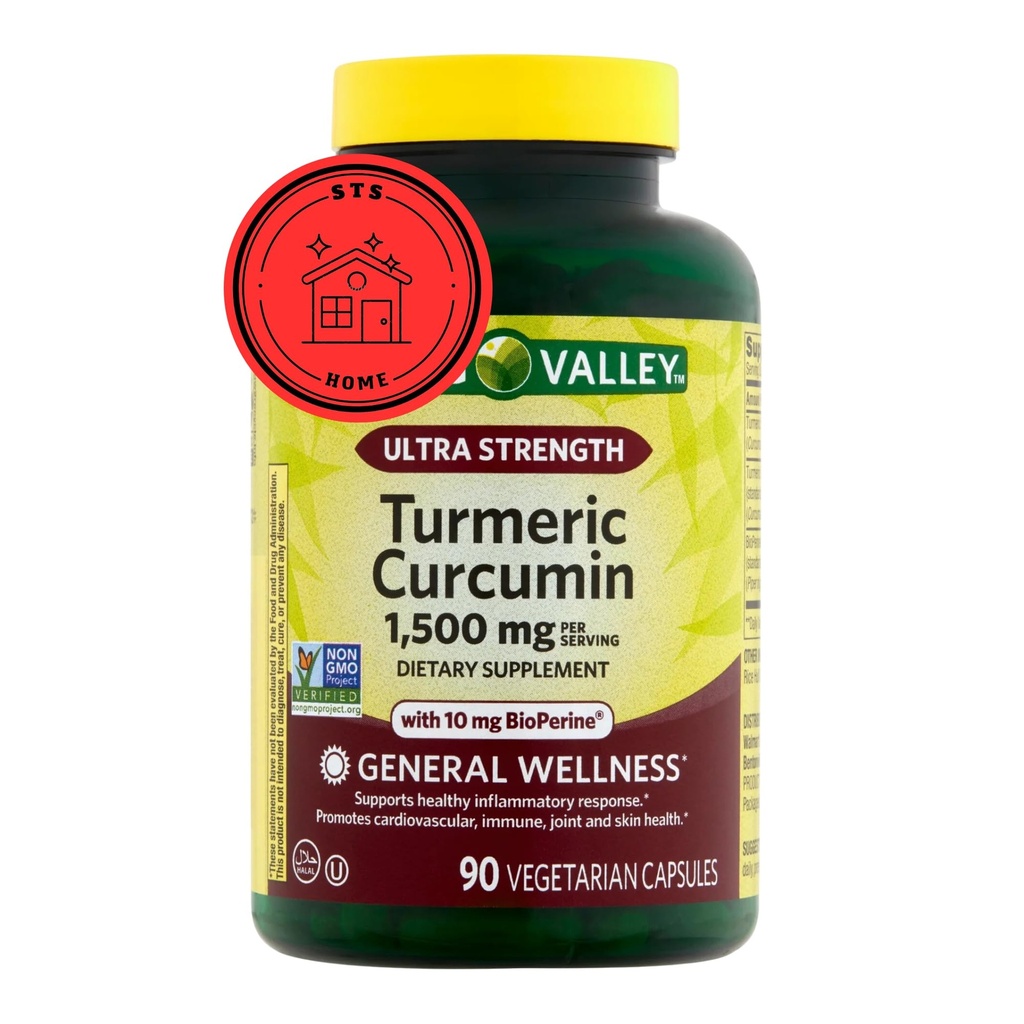 Suplemen Curcumin Spring Valley Turmeric; 124; Suplemen Kurcumin Turmerik, Ultra Kekuatan 1.500 mg, 90 Count + STS Sticker.