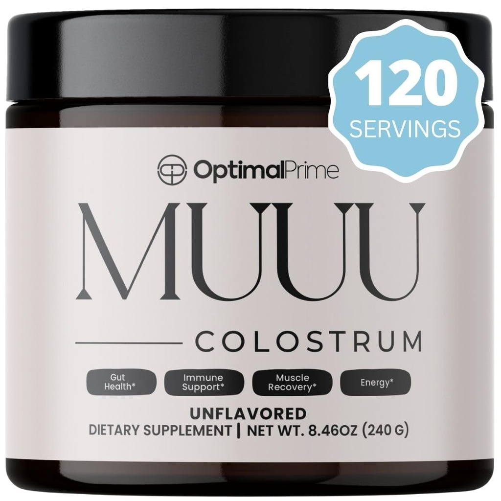 Optimal Prime - MUUU Bovine Colostrum Tambahan dan Superfood Powder untuk Kesehatan Gut, Bloating, Imune Dukungan, Rambut, Kulit, dan Nails Tanpa Rasa, 120 Hamba