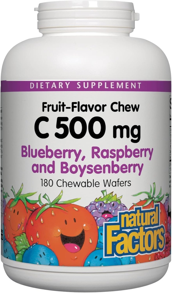 Faktor Alam, Anak-anak Chewable Vitamin C 500 mg, Mendukung Kesehatan Kebal, Tulang, Gigi, Gums, Blueberry, Raspberry dan Boysenberry, 180 Cacah (Paket 1)