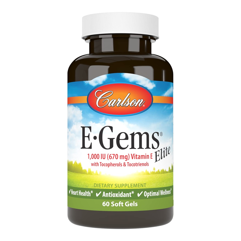 Carlson - E- Gems Elite, 1000 IU (670 mg) Vitamin E dengan Tocosherols dan Tocotrienol, Optimal Wellness, 60 Softgels