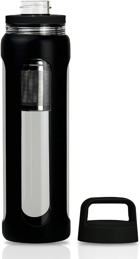 20oz Glass Water Bottle with Silicone Sleeve, 600ml Mug with 2 Tier Lid (Wide Mouth and Small Mouth Straight Drink) with Tea Leak Bottle - Gym Yoga Outdoor Activentions (Black)