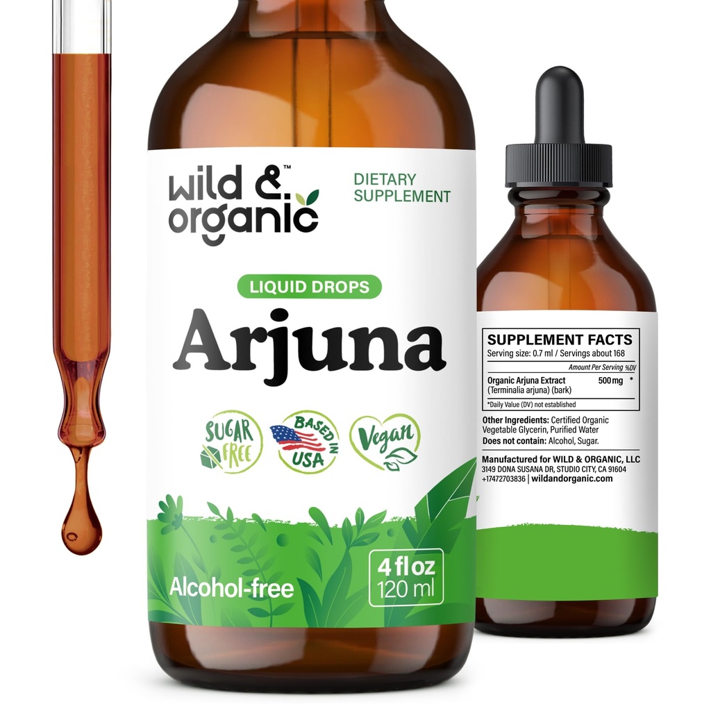 Wild & Organic Arjuna Bark Tatture - Overall Well- Being Suplement - Alcohol-Free Liquid Drops - Terminalia Arjuna Bark Extract - Tidak ada Sugar & Additives, Non-GMO - 4 fl oz