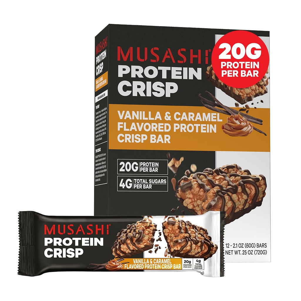 MuSASHI Protein Crisp Bar, 20g Protein, 4g Total Sugars, Vanilla & Caramel, Post Workout dan Snack On The Go, 12 Pack 2.1oz (60g) Bars