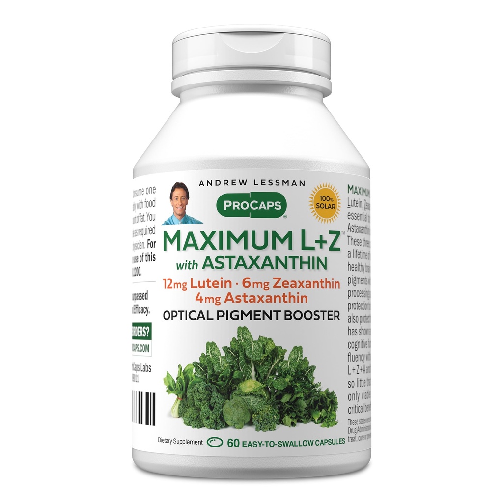 ANDREW LESSMAN Maksimum L + Z dengan Astaxanthin 60 Softgels - 12mg Lutein, 6mg Dalxanthin, 4mg Astaxanthin. Key Nutrients untuk Mendukung Kesehatan Mata dan Otak, dan Vision Sehat Proyektif.