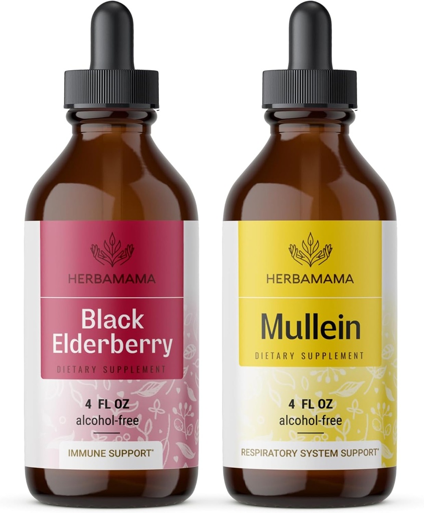 HERBAMAMA Herbal Drops Kit - Bundle of Black Elderberry Extract dan Mullein Leaf Tincture oz - Vegan, Non-GMO, Sugar & Alcohol-Free - 2 Pack