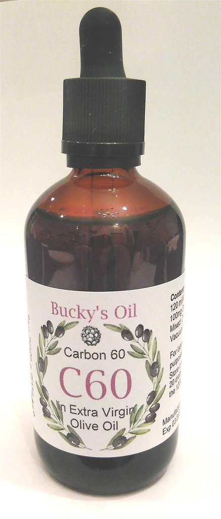 C60 - 120ml Ekstra Virgin Olive Oil dengan 100mg Karbon 60 99.95% dalam solusi.