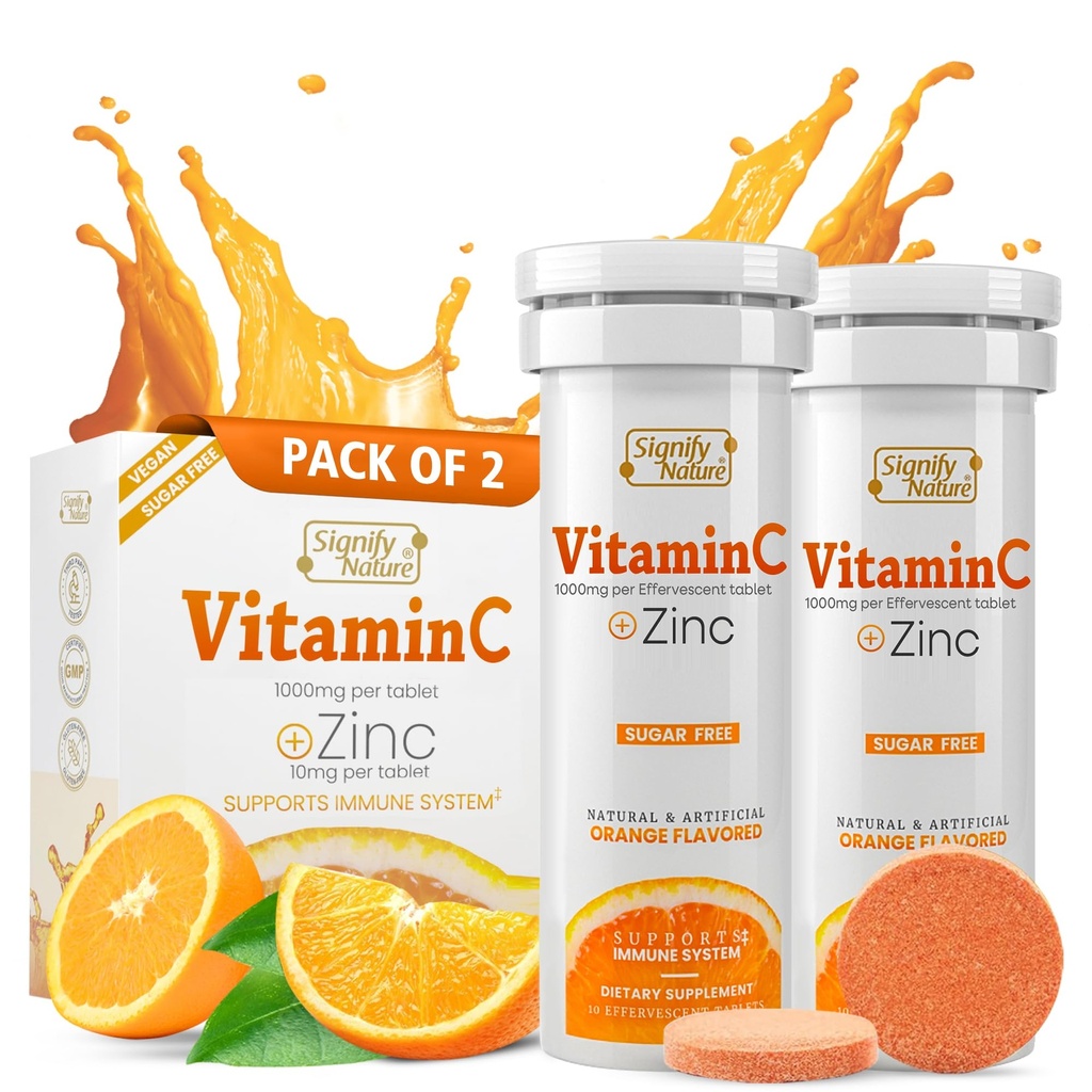 SIGNIFY NATURE Vitamin C 1000mg Effervescent Tablet - Impolemune Dukung VIT C dengan suplemen Zinc - Sugar- Free ForVegan Formula 124; Dissolvable Vitamin C Tablet - Air Soluble Fizzy Elixir - 20CT