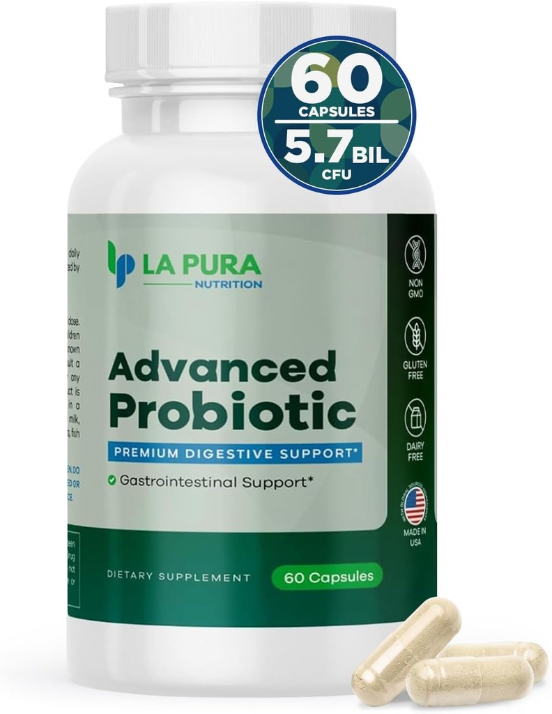 Support Digetives LaPura Advanced Probiotic - Premium Digetical Support for Gut & Imune Health, 60 Capsules - 5.75 Milyar CFU Progine Included DE111 Strain (Bacillus subtilis) - Non-GMO, Gluten- Free, Made in USA