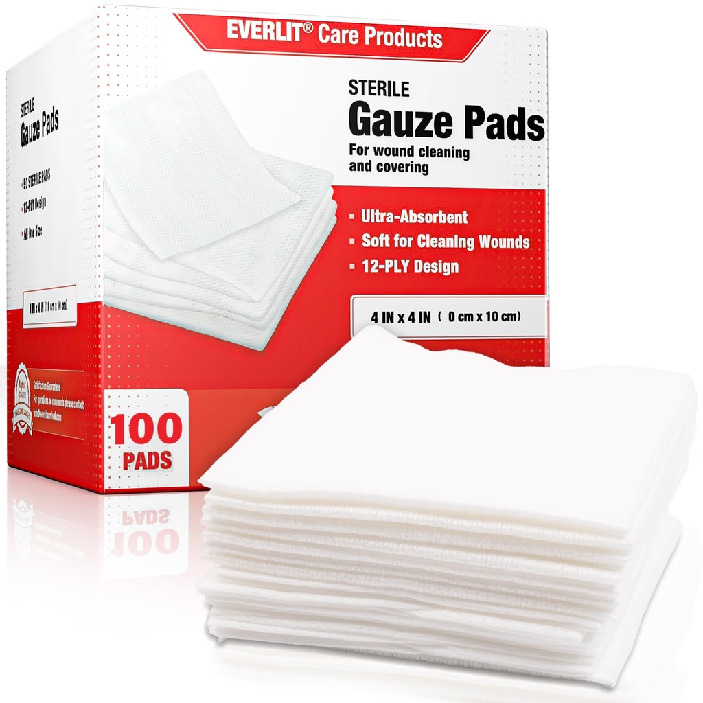 EVERLIT [Extra-Thick] 4 "x4" Sterile Gauze Pad 12- Ply, 100 Pack, Individual Wrapped, Ultra Absorbend Large Non- Woven Medical Gauze Slote Rumah Pertama Aid Kit