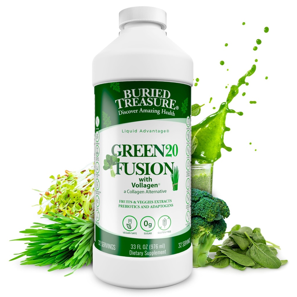 Fusion Burnt Green20 - Superfood Blend with Vollagen for Skin, Hair, and Joint Support, Plant-Based, Vegan, Non-GMO Gluten- Free, Dairy- Free, Soy- Free, 32oz Liquid