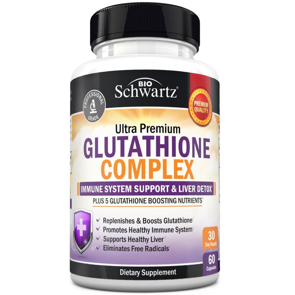 BioSchwartz Glutathione Suplemen 500mg - Liver Detox dengan Quercetin, Vitamin C, Milk Thistle, Alpha Lipoic Acid - Imune Dukung Pill - Enhanced Immunity Health Formula - 60 Capsules