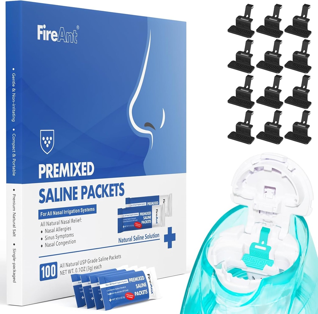 FireAnt 100 Paket Saline dan 12 Pods Saline Reconable Refills Set, Compatible with Nasal Care Nasal - termasuk 100 Menghitung Paket Garam Sinus Rinse + 12 Pack Silicone Refill Refill in Black