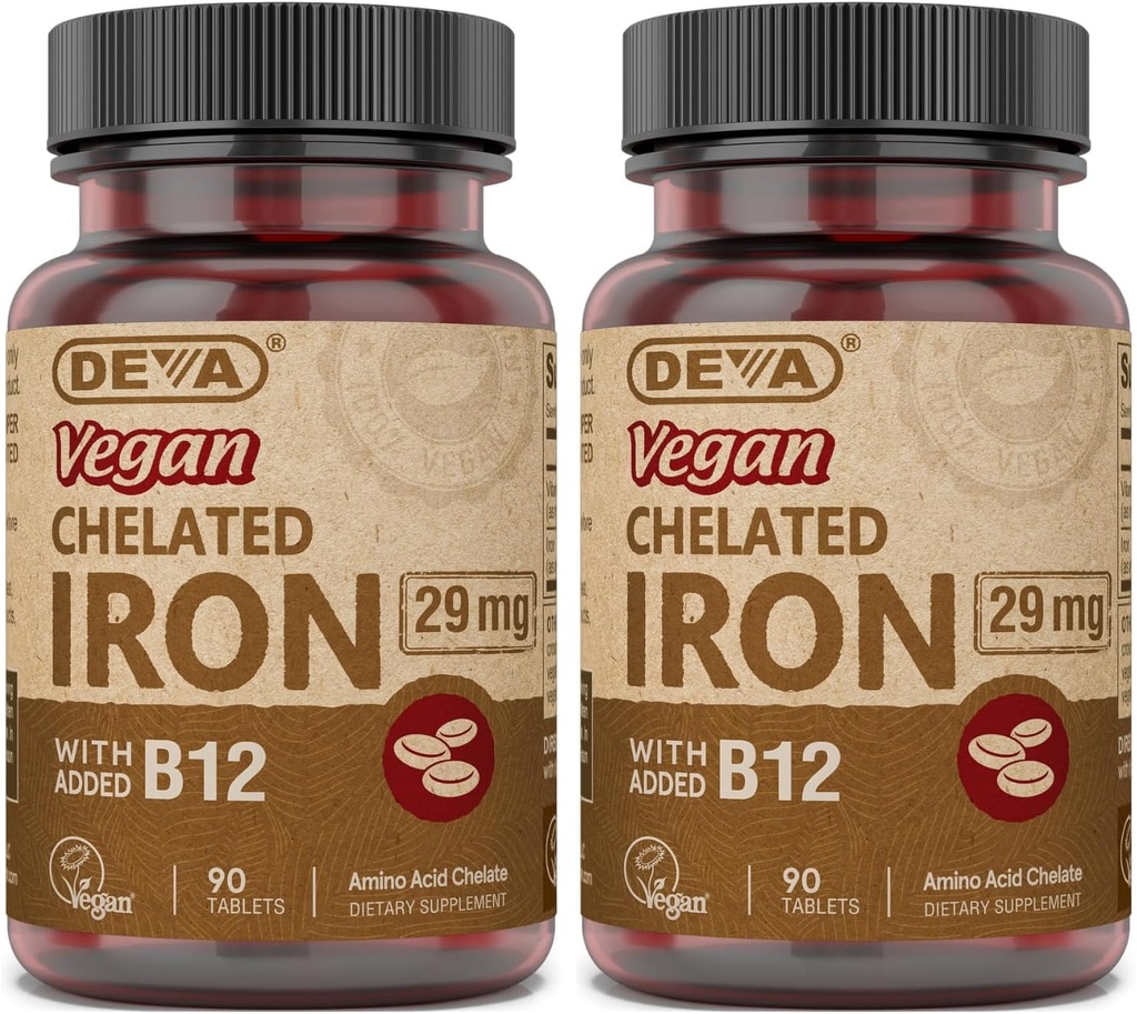 Vegan Nutrition DEVA Servated Besi 29 mg Dihiasi dengan B-12 - Potensi Tinggi, Mudah untuk menelan - 90 Tablet, 2- Pack