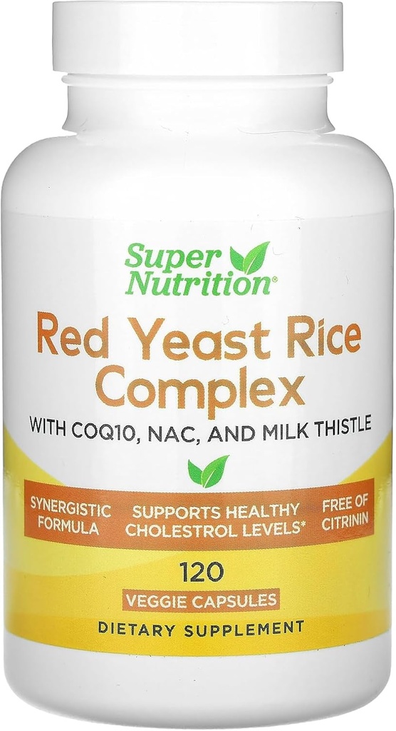 Super Nutrition Red Yeast Rice Complex dengan Organik Red Yeast Rice, N- Acetyl Cysteine, Koenzim Q10, dan Milk Thistle Extract, 120 Veggie Capsules