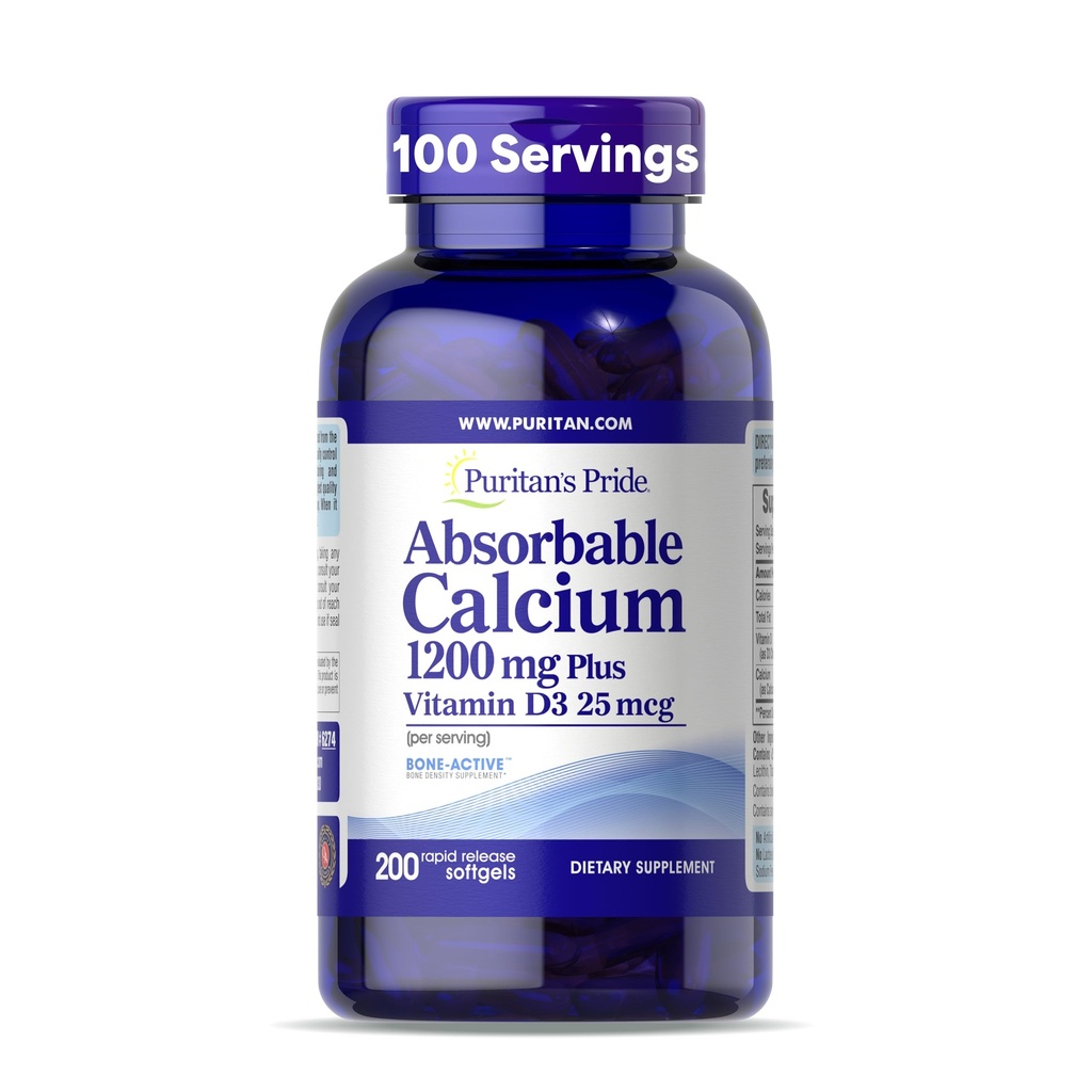 Puritan Pride Absorbable Calcium 1200 mg Plus Vitamin D3 25mcg 1000 IU with BoneAktive ™, 200 Rapid Rapid Rilis Softgels