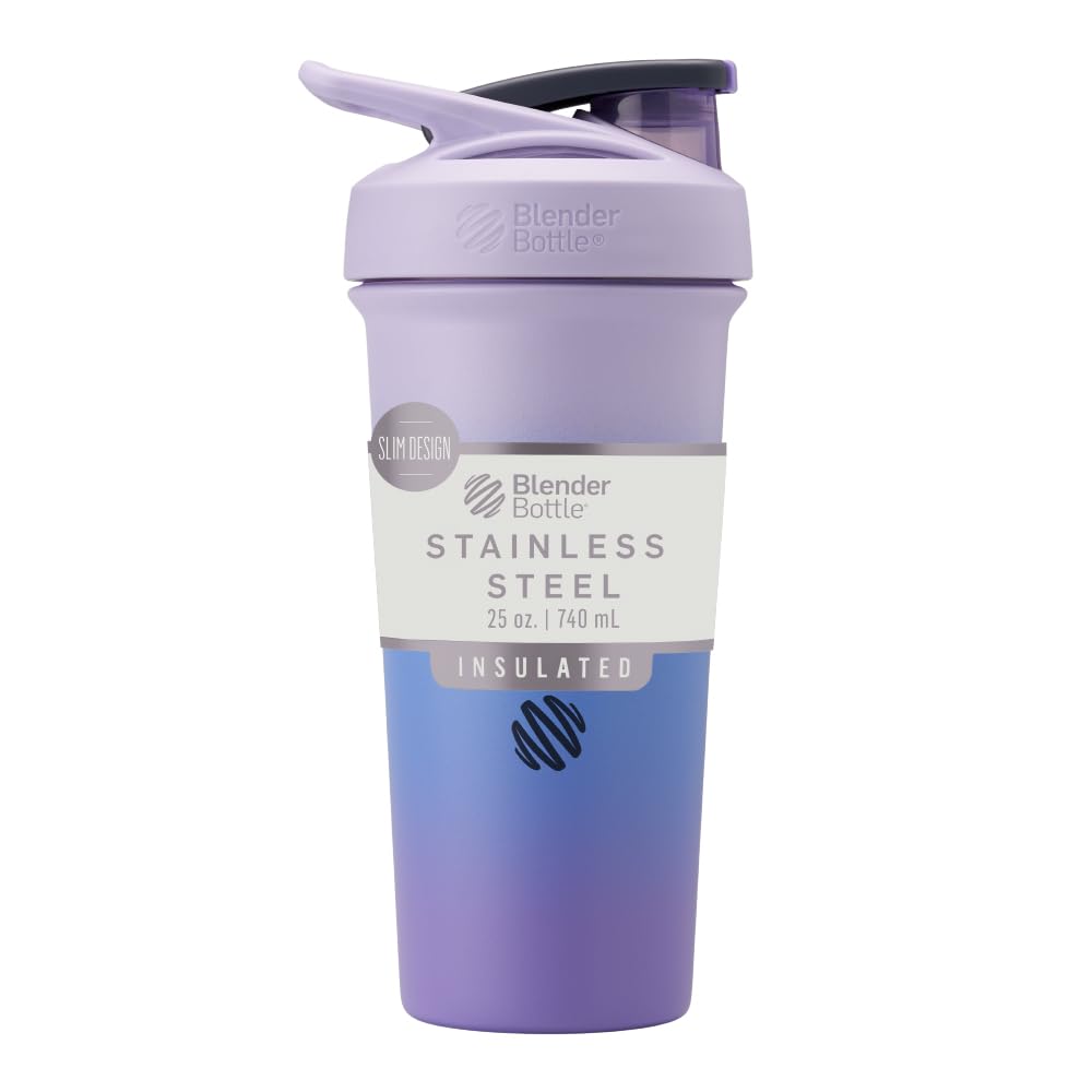 BlenderBottle Sport Sleek Insulated Slainless Steel Bottle dengan Wire Whidle, 25- Ounce, Lavender Ombre - Protein Shakes & Hydration untuk Atletes & Fitness Enjuraists, Easy Mixing, Slim Easy to Hold, Keeping Drink Cold, Lokable Laid