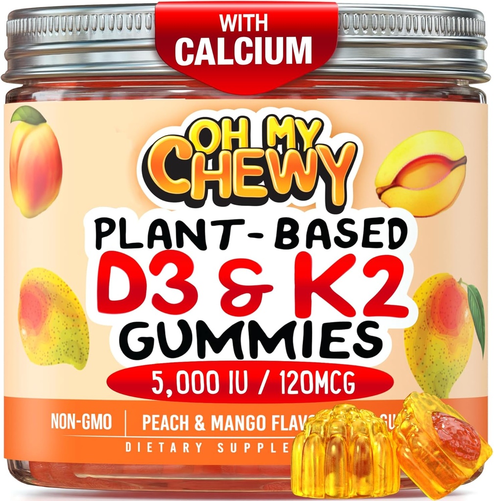 Center- Vitamin D3 K2 Gummies - Anak-anak, Teens & Dewasa - Tambahan Gigi Sehat, Bone, Energi & Imunitas - 5000 IU D3, 120 mcg K2 (MK-7), 120 mg Calcium - Vegan & Non-GMO - 120 Count