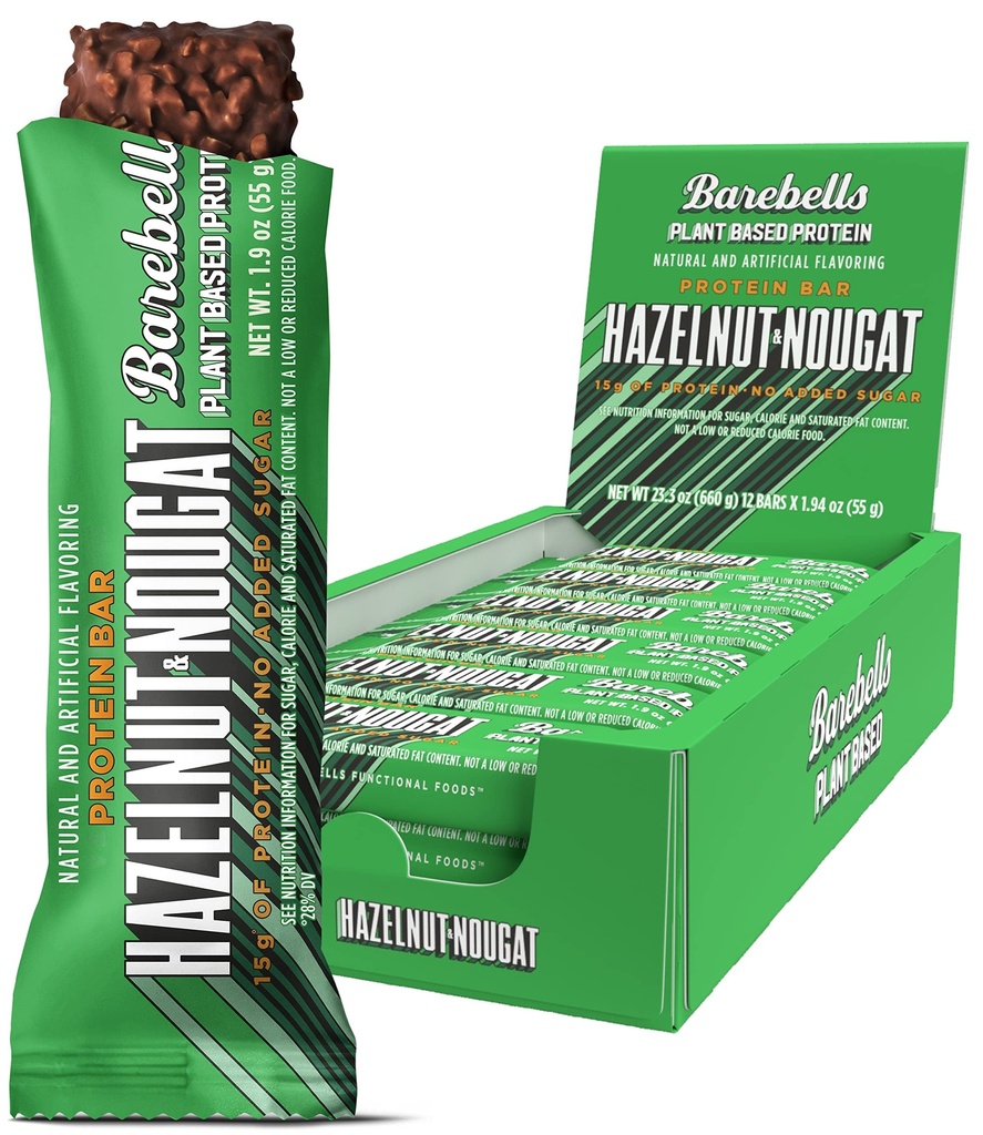 Barebells Vegan Protein Bars Hazelnut & Nougat - 12 Count, 1.9oz Bars - Features Plant Based Protein Bar dengan 15g Protein - Chocolate Protein Snack dengan Hanya 1g dari Total Sugars - I deal for