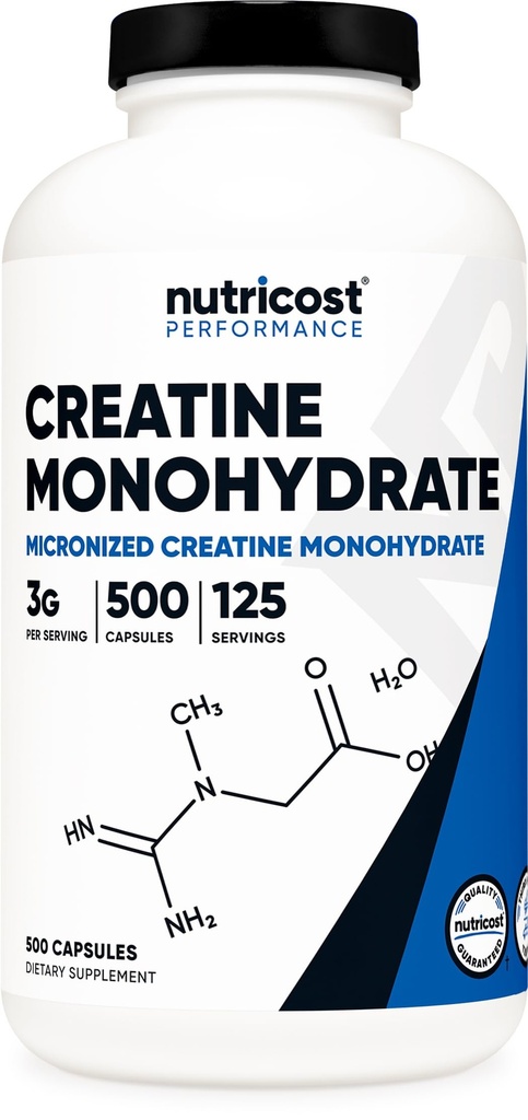 Nutricost Micronized Creatine Monohydrate 3000mg 500 Capsules, 125 Pelayan, 750mg Creatine Monohydrate Per Capsule
