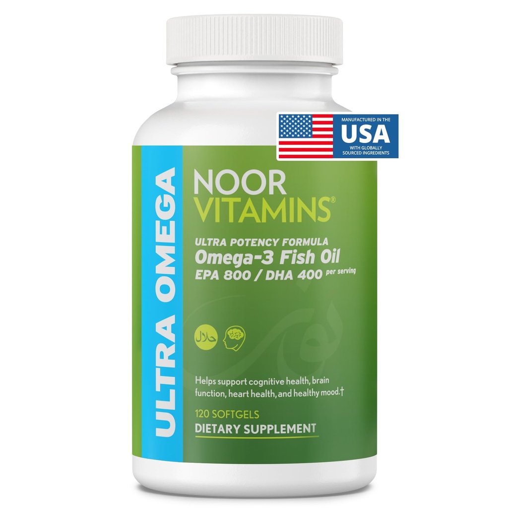 Noor Vitamin Halal Fish Oil, Halal Vitamin, Ultra Omega 3 Wild Peru Fish (800 mg EPA & 400 mg DHA) Heart, Brain & Gabungan Dukungan, Non-GMO dan Gluten Free (120 Count)