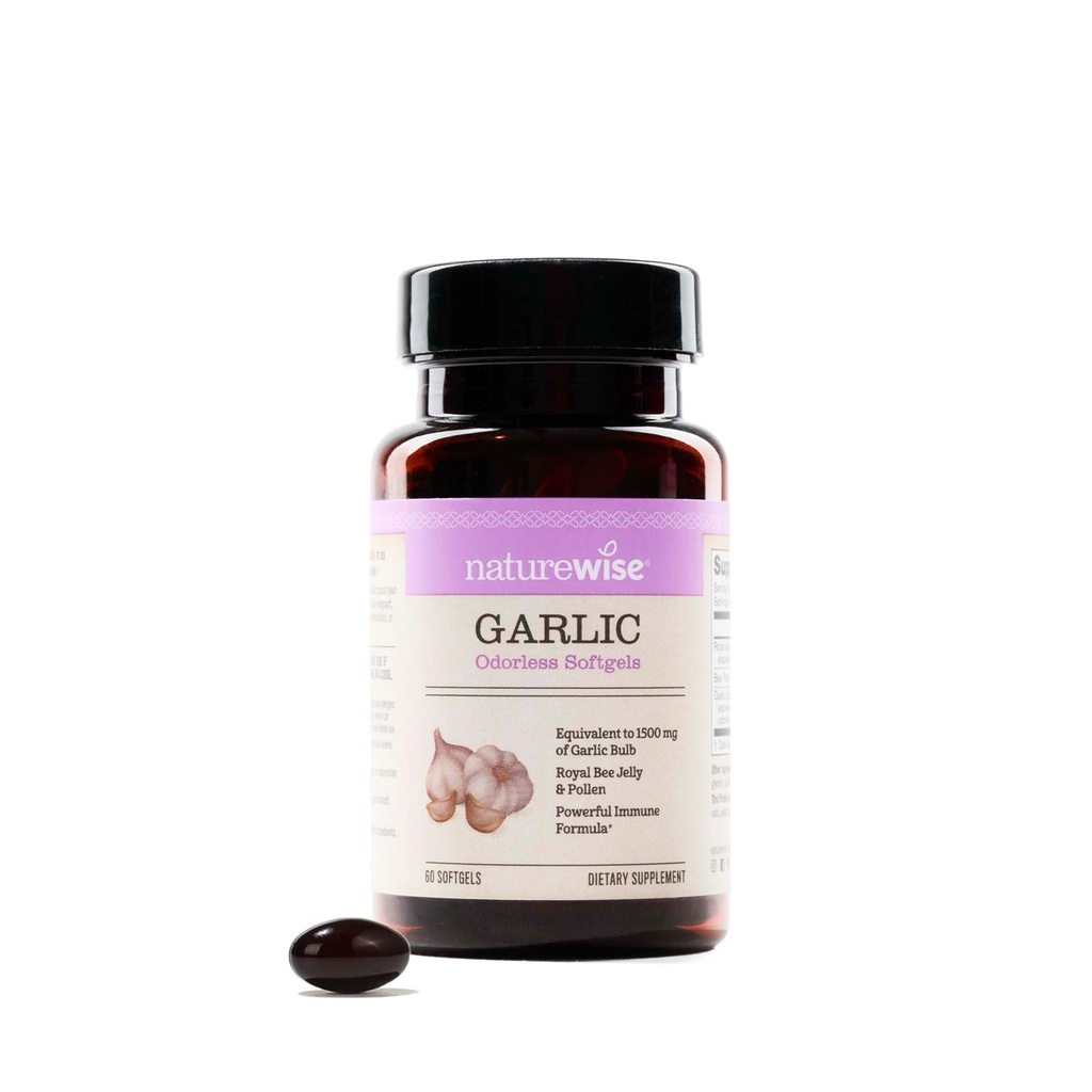 NaturreWise Odorless Bawang Pil - dengan Royal Bee Jelly & Pollen - Herbal Suplemen untuk Heart Health + Ammune System + Antioksidants - Gluten Free, Non-GMO - 60 Softgels [2 Bulan Suppply]