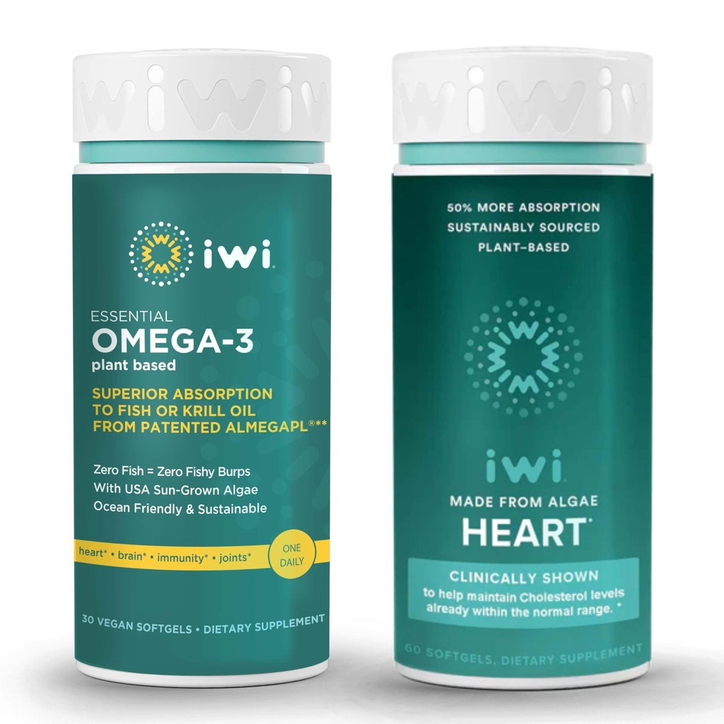 Iwi Omega-3 Estial & Heart Omega-3 Bundle, 30 hamba, Vegan Plant - berbasis Algae Omega 3, Krill & Fish Oil Alternatif, tidak ada Fishy Aftertaste