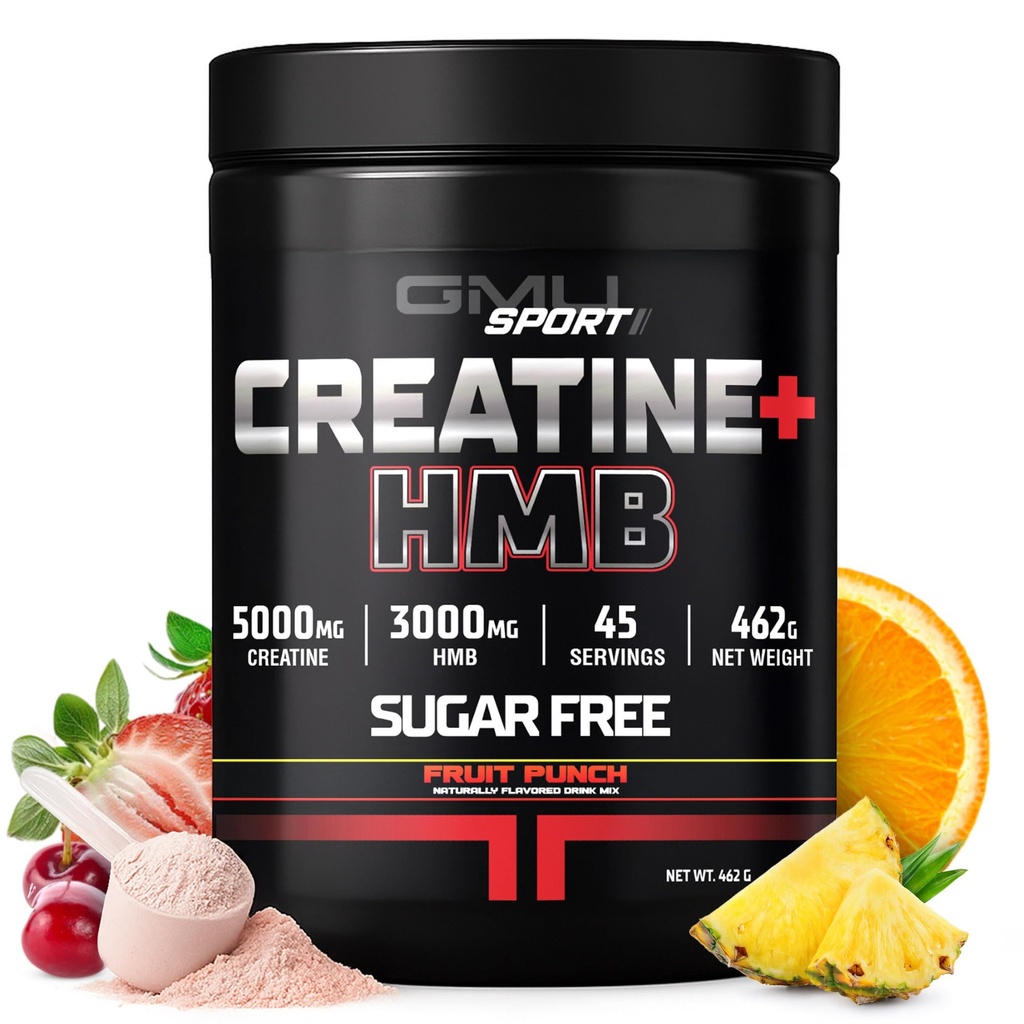 GMU SPORT - Creatine Monohydrate dengan HMB Powder - 45 Servis, Creatine HMB Suplemen, Create with HMB for Increased Strength, Muscle Growth & Enhanced Energy, 3G HMB / Fruit Punch