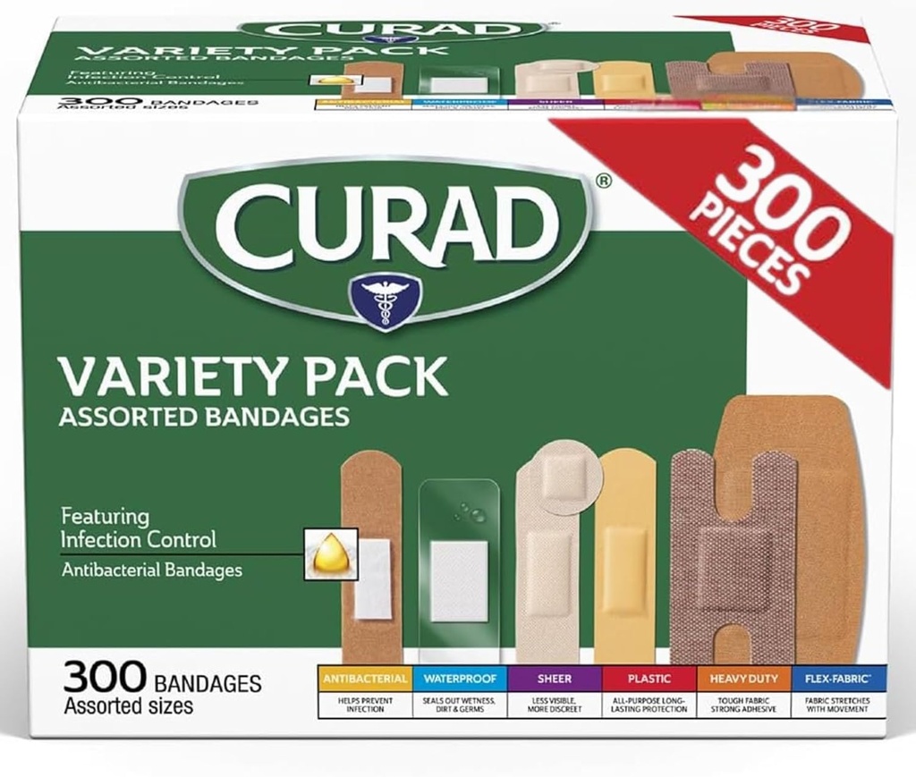 CURAD Didukung Perban Variety Pack, 300 Count, 6 Styles termasuk Antibakteri, Waterproof, Sheer, Plastic, Heavy Duty & Flex-Fabric, Protects Scrapes, Cuts & Burns, Lateks-Free