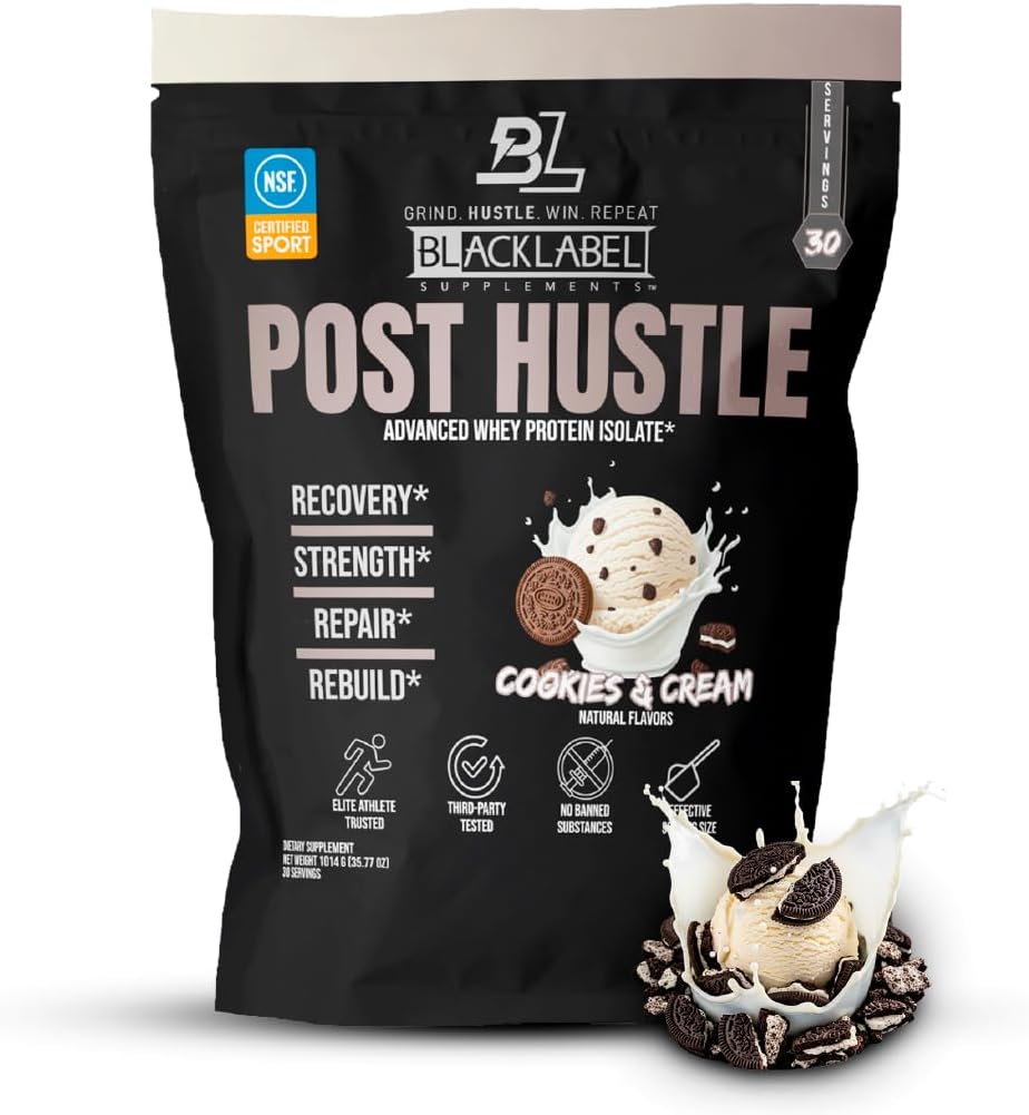 BLACKLABEL Support Post Husle Posting Workout Protein Powder, 30 Sertifikasi untuk Sport Whoy Isolate Protein Powder dengan Digetical Enzymes - Cookies & Cream