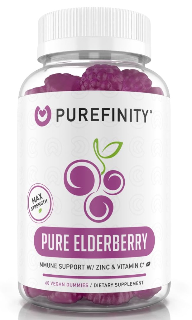 PrUREFINITY Elderberry gummies with Sambucus, Vitamin C, and Zinc - Your Perfect Daily 3-in- 1 Suplemen untuk Anak-Anak & Dewasa - Gluten Bebas, Non-GMO, Vegan, 60 Count