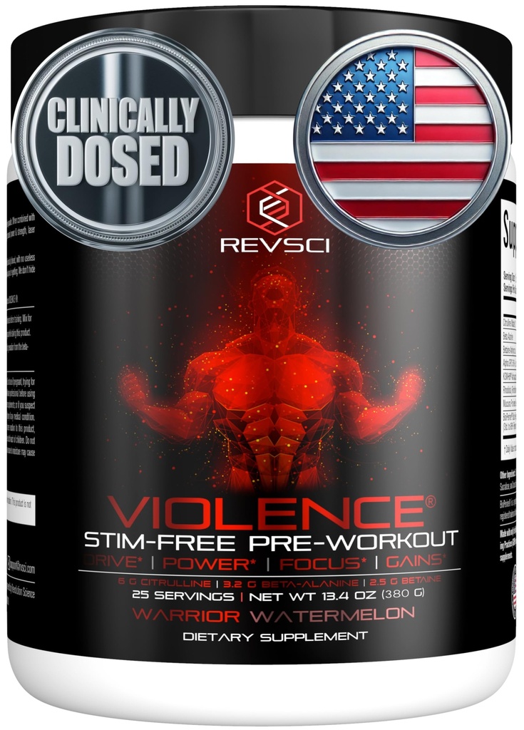 VIOLENCE Stim Free Pre Workout Powder by REVSCI, Precision Dosed Non Stim Pretraining Pompa Kafeout Free Pre Workout Popper, Pompa Tambahan & Stimulant Free Nitric, Watermelon, 25 Servings