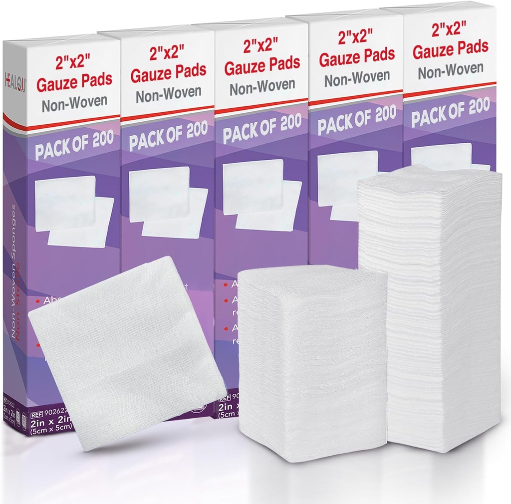HEALQU 1000 Gauze Pads 2x2 "- Soft Non-Woven 4-Ply untuk Ekstraksi Gigi dan Proceksi Dental - Sterile Square Spons untuk Bantuan Pertama, Bedah, & Wound Dressing (5 Paket 200)