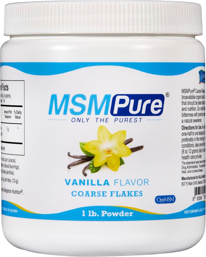 KALA HEALTH MSMPure Vanilla Flavored Coass MSM Powder Flakes - US- made MSM untuk Kesehatan Gabungan, Penampilan Skin, dan Rambut & Nail Dukungan - 1 Ibs, Sulfur Organik