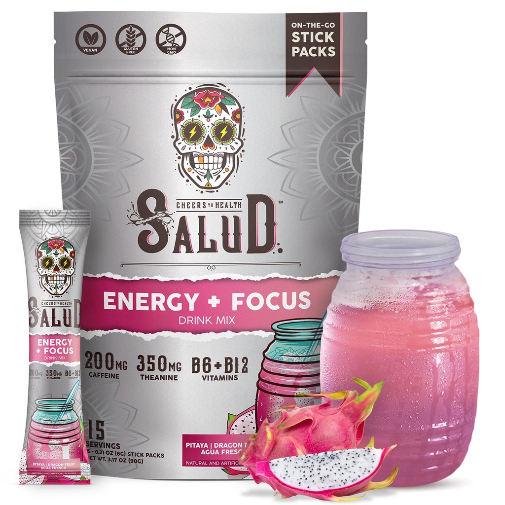 Salud 2-in-1 Powder Energi + Focus, Dragon Fruit, Organic Caffeine, B6 + B12, Theanine, Pek Energy Drink, Pitaya Agua Fresca Mix, Non-GMO, Gluten Free, Vegan, 1g of Sugar, (15 Pelayan)
