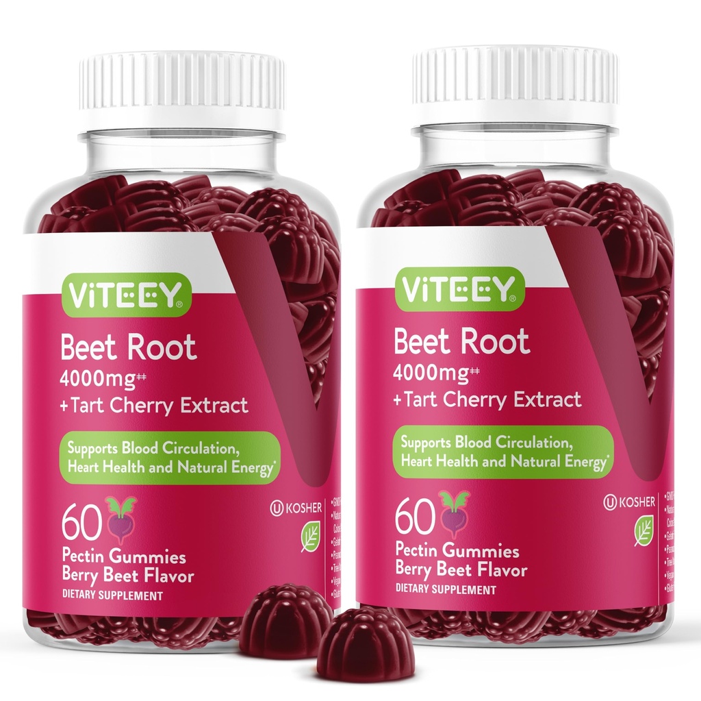 Viteey Beet Root Gummies dengan Tart Cherry - Beetroot Tambahan Kesehatan Jantung, Tekanan Darah Dukungan - Vegan, Gluten- Bebas - 120 Cacah