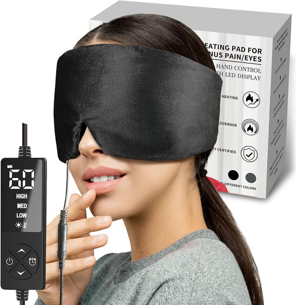Sticro Heated Eye Mask dengan Ukuran Besar untuk Dry Eyes dan Sinus Pressure Relief, Ultra Soft Face Heating Pad untuk Relief Ketegangan Sakit Kepala, Jaw TMJ Relief - 3 Panas & 5 Waktu Pengaturan (Hitam)