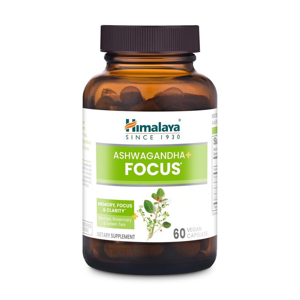 Himalaya Ashwagandha + Focus - Herbal Focus Suplement with B12, Rosemary, Green Tea, and Bacopa Nootropics for Memory and Clarity - Vegan, Non-GMO, Gluten Free, 1690 mg, 60 Caplets